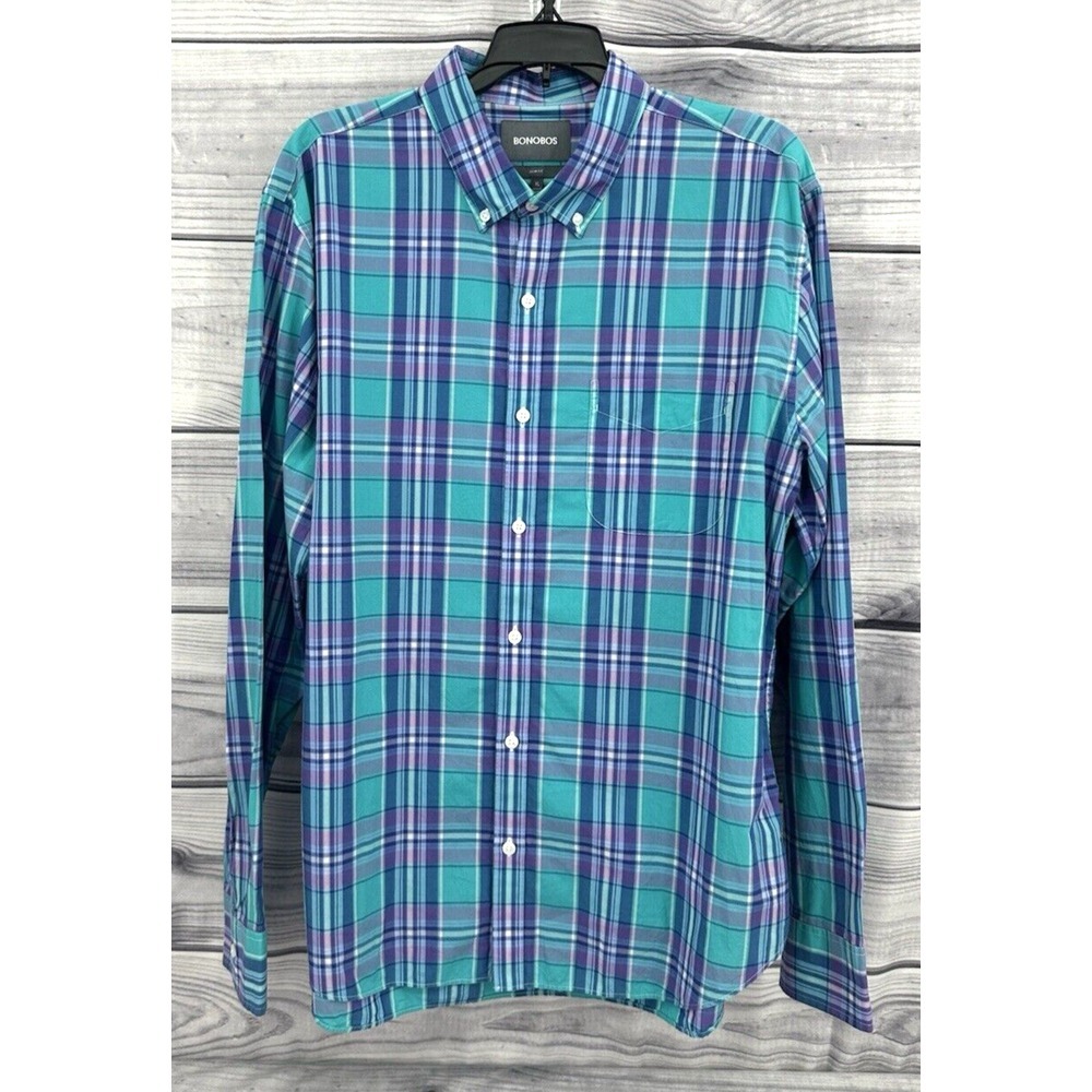 BONOBOS SLIM FIT BUTTON FRONT LONG SLEEVE DRESS SHIRT Men's XL BLUE PURPLE PLAID
